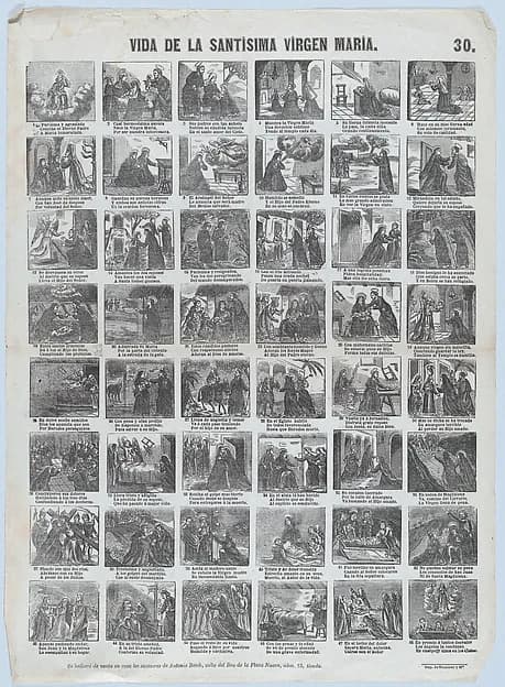 Broadside with 48 scenes of the life of the Virgin by José Noguera depicting Luke 1