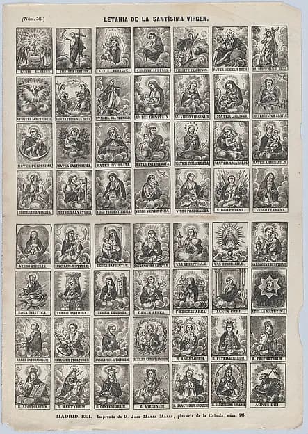 Broadside with 48 scenes relating to the litany of Holy Virgin by José María Marés depicting Luke 1