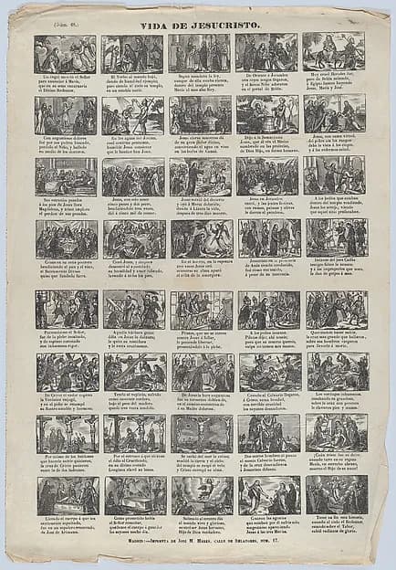 Broadside with 48 scenes illustrating the life of Christ by José María Marés depicting Matthew 3