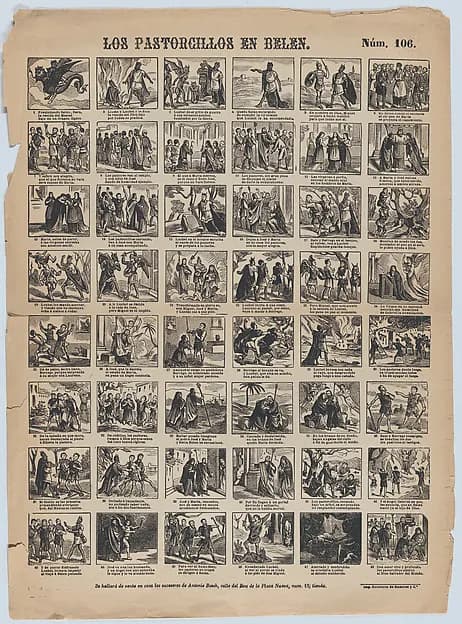 Broadside with 48 scenes relating to the nativity of Christ by Antonio Bosch depicting Luke 2