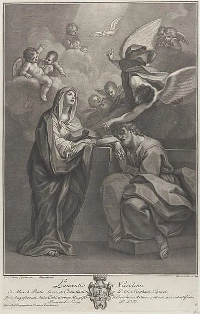 Plate 6: Saint Joseph's dream, with the Virgin Mary at left and an angel above who points to the Holy Spirit by Benedetto Eredi depicting Luke 1