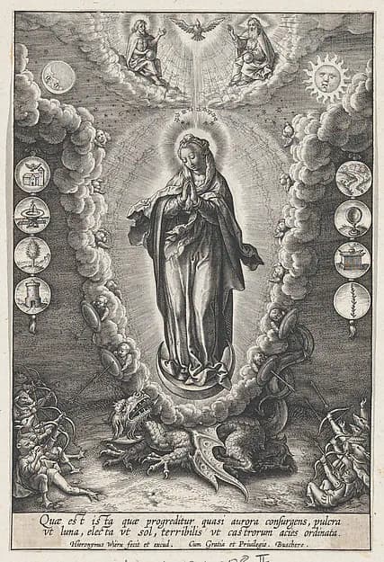The Virgin with the Symbols of the Lauretanian Litany by Hieronymus (Jerome) Wierix depicting Luke 1