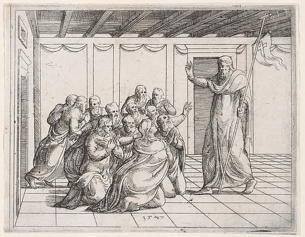 Risen Christ Appearing to the Disciples, from Old and New Testaments by Augustin Hirschvogel depicting John 1