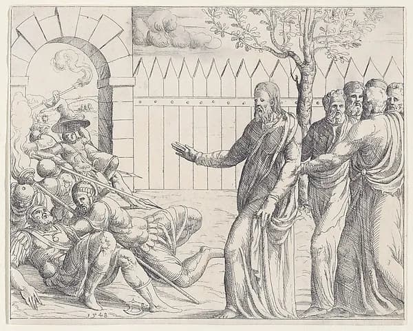 The Roman Soldiers Falling Before Christ, from Old and New Testaments by Augustin Hirschvogel depicting John 1