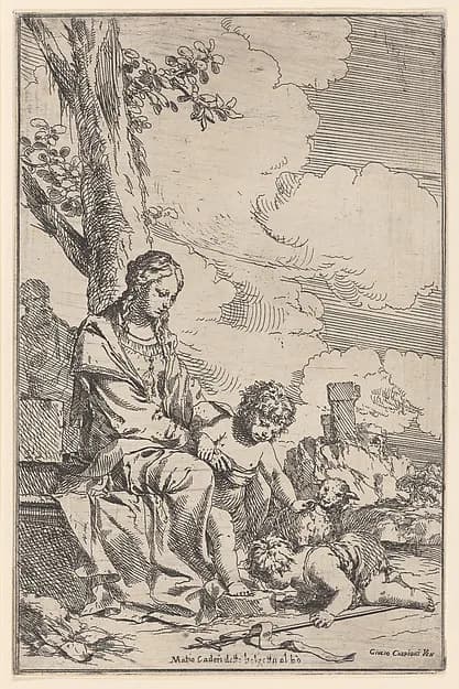 The Holy Family with the infant Saint John kissing Christ's feet by Giulio Carpioni depicting Luke 2