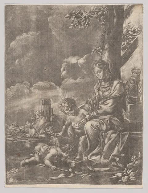 The Holy Family with the infant Saint John kissing Christ's feet by Anonymous depicting Luke 2