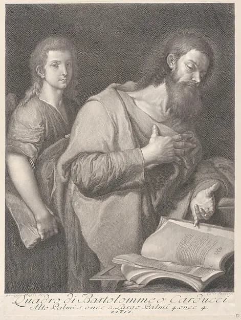 Saint Matthew, standing before a book at right with a hand on his chest, another man behind him at left by Carlo Faucci depicting Matthew 1
