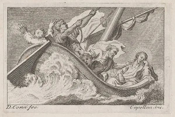 Christ on a boat with fishermen by Antonio Capellan depicting Luke 5
