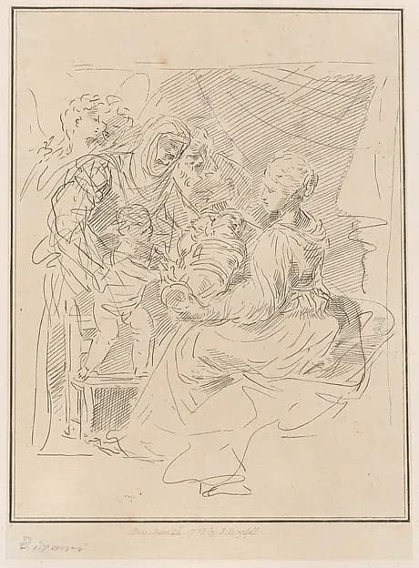 The Holy Family with the infant Saint John the Baptist, and other saints and angels by Giuseppe Canale depicting Luke 2