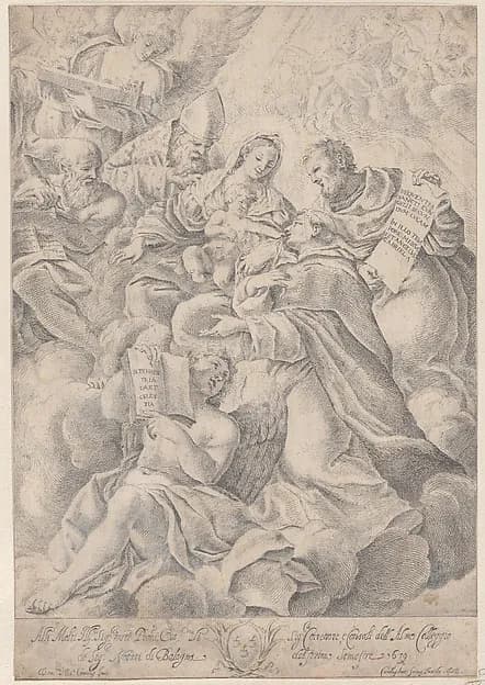 A male saint kneeling before the Christ child by Carlo Antonio Forti depicting Luke 2