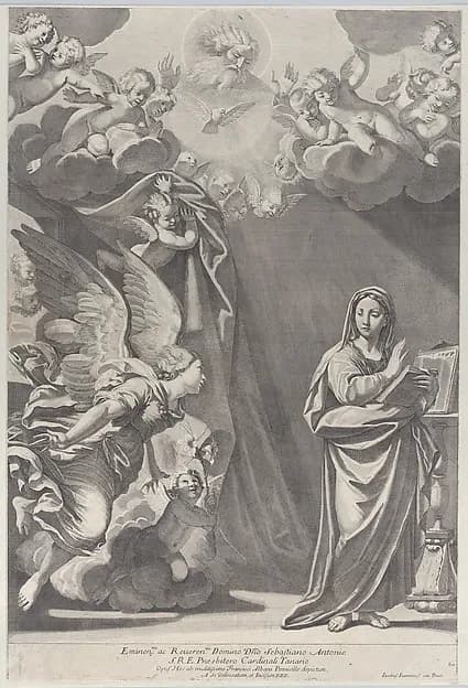 The Annunciation, with Gabriel and other angels at left and God the Father above by Giacomo-Maria Giovannini depicting Luke 1