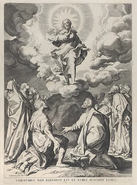 The Ascension, with Christ standing atop a rock at center by Cornelis Bloemaert depicting John 1