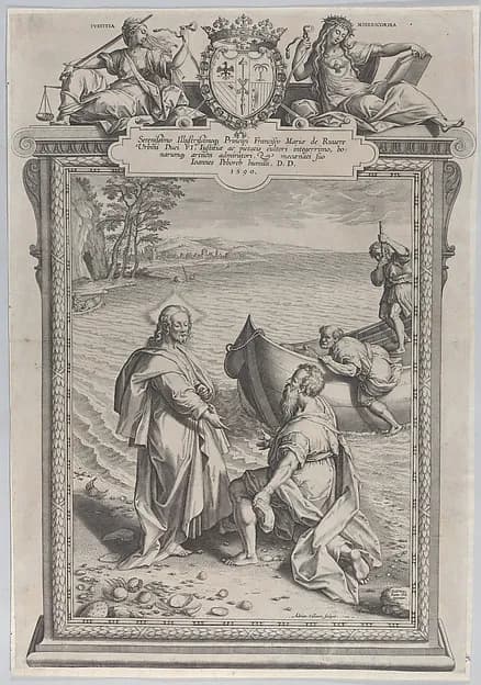 Christ calling Saint Andrew, who kneels before him on a beach, and Saint Peter, who climbs out of a boat at right by Adriaen Collaert depicting Matthew 4