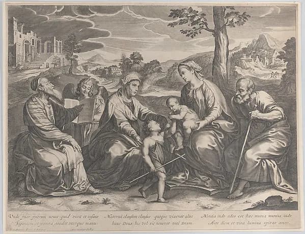 The Holy Family at right, with the infant Saint John the Baptist, Elizabeth, Zacharias, and an angel at left by Pieter de Jode II depicting Matthew 3