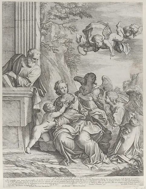 The Holy Family with angels at right and overhead by Giovanni Battista Beinaschi depicting Luke 2