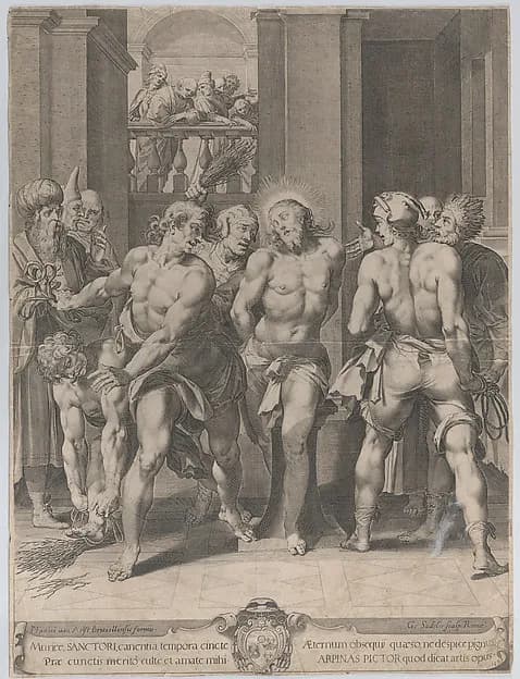 The Flagellation of Christ, with floggers on either side and figures watching from a balcony above in the background by Aegidius Sadeler II depicting Matthew 27
