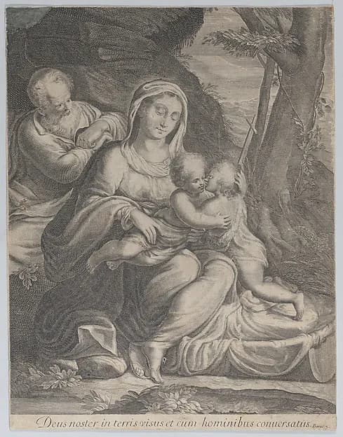 The Holy Family with infant Saint John the Baptist kneeling at right by Anonymous depicting Matthew 3