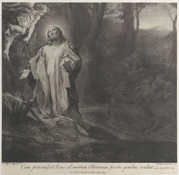 Christ on the Mount of Olives, with an angel at upper left by Pietro Antonio Leone Bettelini depicting John 1