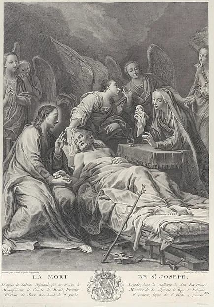 The death of Saint Joseph, lying on a bed, with Jesus, the Virgin Mary, and angels at his side by Johann Christian Teucher depicting Luke 1