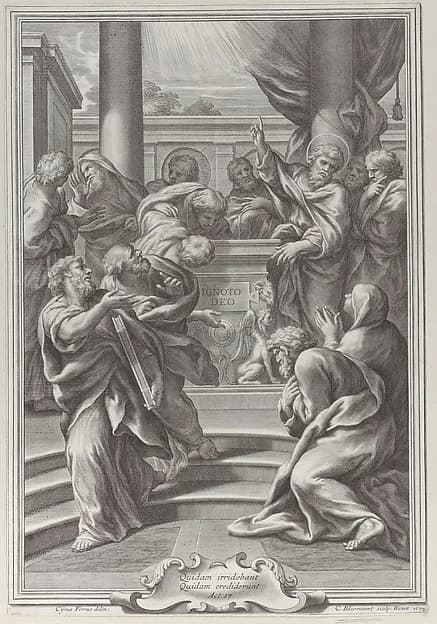 Saint Paul preaching in Athens by Cornelis Bloemaert depicting Acts 17
