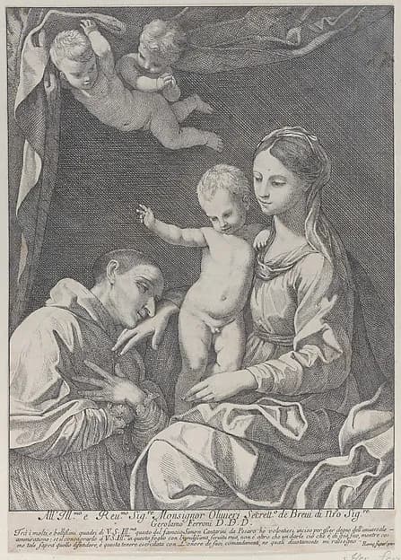 The Virgin and Child adored by Saint Carlo Borromeo, who kisses her hand by Hieronymus Ferroni depicting Luke 2
