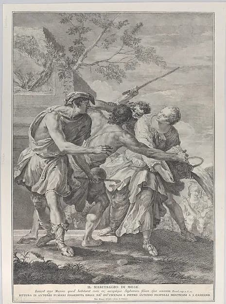 Moses defending the daughters of Jethro by Pietro Monaco depicting Exodus 2