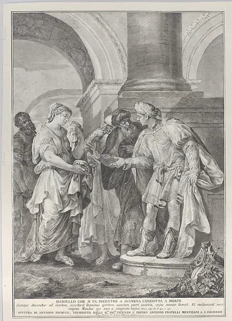 Daniel argues with the elders while Susanna stands at left by Pietro Monaco depicting Daniel 13
