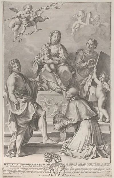 Madonna and Child at center with Saint John the Baptist, Saint Luke, Pope Peter Celestini, and angels by Robert van Audenaerde depicting Matthew 3