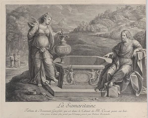Christ, seated at right, and the woman of Samaria, who stands at left by Frédéric Horthemels depicting John 1