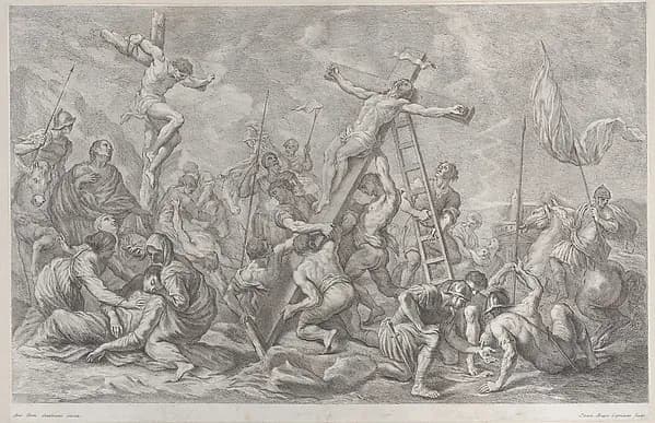 The Crucifixion, with the lowering of the cross at center, soldiers throughout, and a thief on a cross at left by Giovanni Battista Cipriani depicting Matthew 27