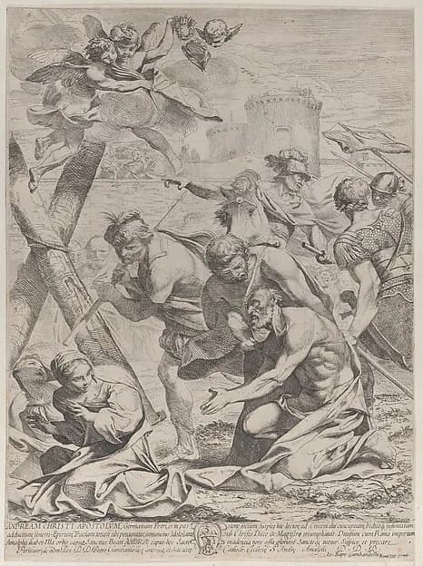 Saint Andrew praying before a crucifix by Francesco Giovane depicting Matthew 4