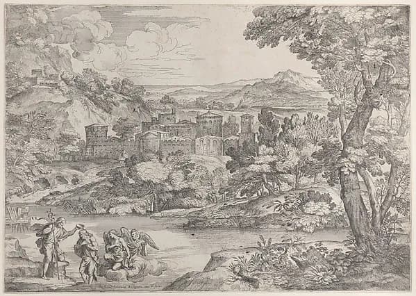 The Baptism of Christ at lower left, within a landscape by Giovanni Francesco Grimaldi depicting Matthew 3