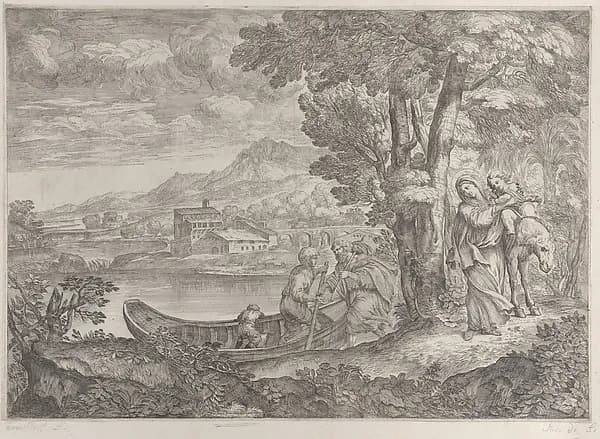 Landscape with the flight into Egypt by Giovanni Francesco Grimaldi depicting Matthew 2