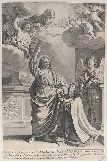 Saint Theresa praying alongside Christ, who points upwards to God the Father and the Holy Spirit by Gilles Rousselet depicting John 1
