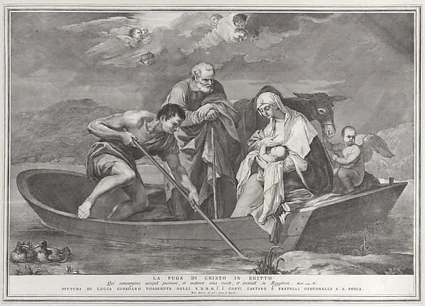 The flight into Egypt, with the Holy Family in a boat by Pietro Monaco depicting Matthew 2