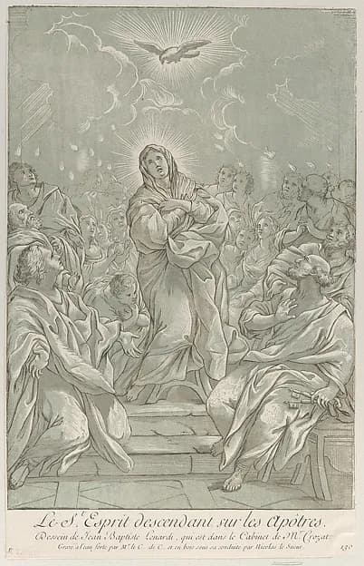 The Pentecost, with the Virgin standing at center, the Holy Spirit above, and Apostles on both sides by Anne Claude Philippe de Tubières, comte de Caylus depicting Acts 2