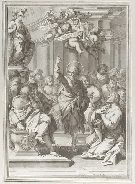 Saint Paul preaching at center, standing in a crowd in a columned interior, pointing upwards toward putti who hold a scroll by Arnold van Westerhout depicting Acts 17