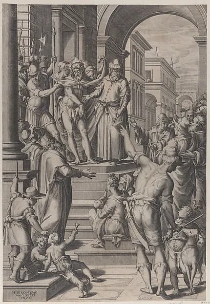 Christ presented to the people by Pilate, standing atop stairs at left with a crowd at right by Matthaeus Greuter depicting John 1