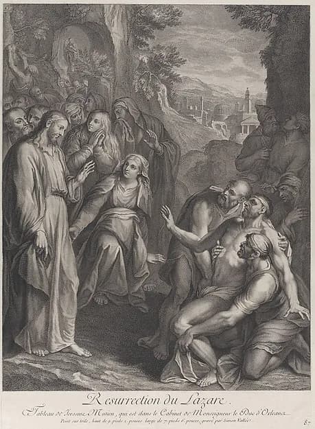 The Raising of Lazarus, with Christ standing at left by Simon de la Vallée depicting John 11