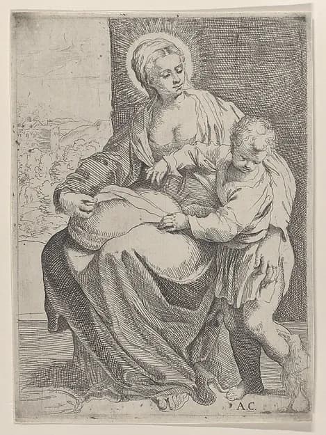 The Virgin seated holding a pillow on her lap with the young Christ standing at right by Annibale Carracci depicting Luke 1