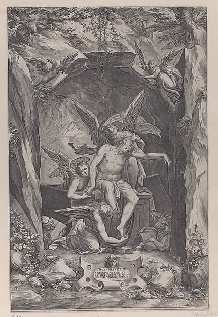 Christ rising from the tomb, assisted by two angels by Martino Rota depicting John 1