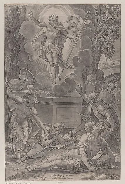 The Resurrection of Christ, with soldiers awakening before the tomb by Martino Rota depicting Matthew 28