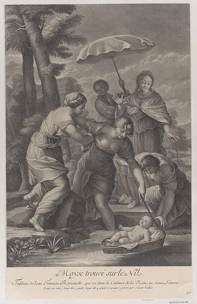 Three women pulling in the basket with the infant Moses from the water by Simon de la Vallée depicting Exodus 2