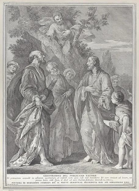 Conversion of Zacchaeus, with Christ at right addressing the tax collector, who is seated in a tree at top center by Pietro Monaco depicting Luke 19