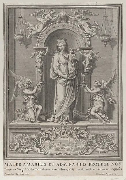 Madonna of Loreto, within a niche with an angel on either side by Benoit Farjat depicting Luke 2