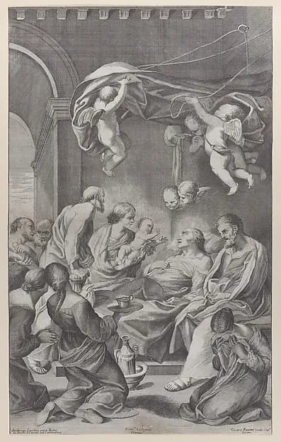 The death of Saint Anne with various family members surrounding her and angels overhead by Cesare Fantetti depicting Luke 1