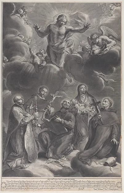Five saints kneeling and adoring Christ: Saint Francis Borgia, Saint Louis Bertrand, Saint Cajetan, Saint Rosa of Lima, and Saint Philip Benzi by François Spierre depicting Matthew 5