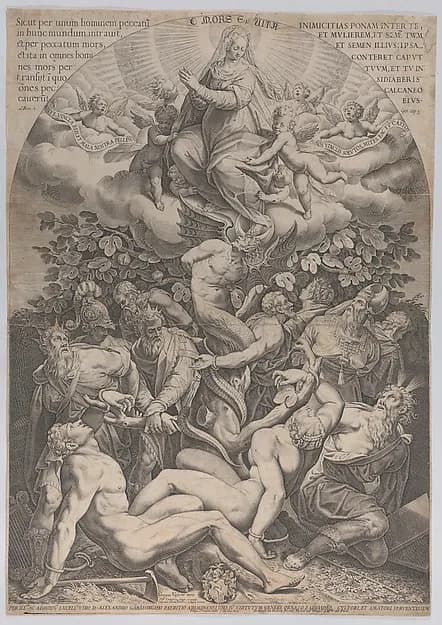Allegory of the Immaculate Conception, with Adam, Eve, kings, priest, soldier and Moses tied at the bottom of a fig tree, and the Virgin sitting on cloud overhead, surrounded by angels by Philippe Thomassin depicting Exodus 2