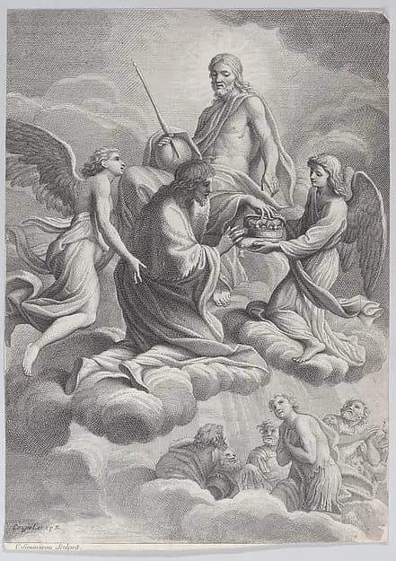 Saint Louis of France received into heaven by Christ and two angels who offer him the crown of France by Charles Simonneau depicting John 1
