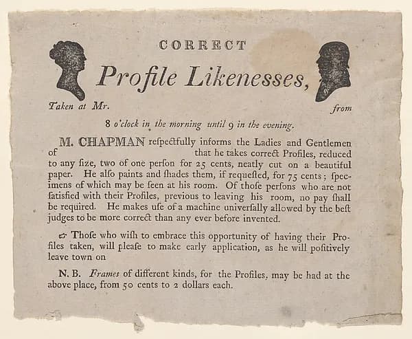Advertisement for profile likenesses by Moses Chapman by Anonymous depicting Exodus 2